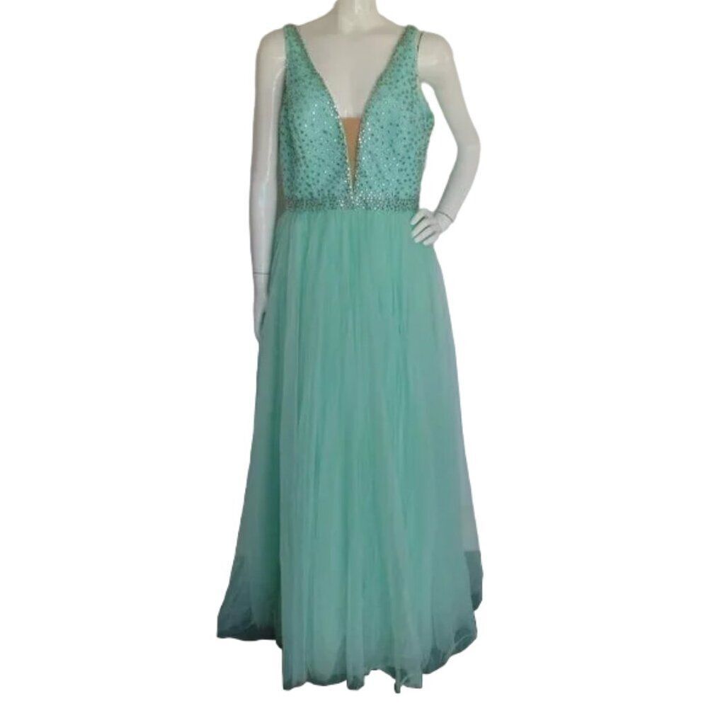 SHERRI HILL Gown/Dress, 16, Mint Green, Rhinestone/Beaded Bodice, Layered Tulle